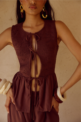 FLEUR SHIRRED TIE FRONT TOP - CHOCOLATE
