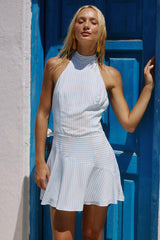 DANIA HIGH NECK HALTER MINI DRESS - BLUE STRIPE