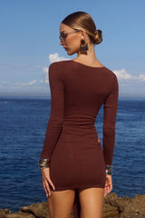 EVELYN SLEEVED CUT-OUT MINI DRESS - BITTER CHOCOLATE