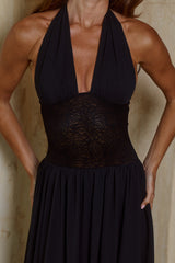 FERNANDA PLUNGE HALTER MAXI DRESS - BLACK