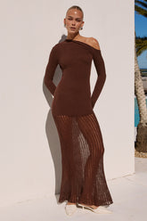 GRETA ONE SHOULDER KNIT MAXI DRESS - CHOCOLATE
