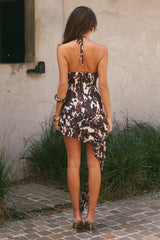 KESHI HALTER RUFFLE MINI DRESS - SHILOH BROWN