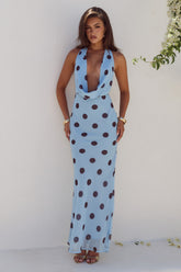 LEXIE LOW PLUNGE HALTER MAXI DRESS - SKY BLUE /CHOC POLKA