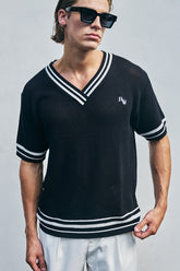 MAKKA V-NECK SHORT SLEEVE KNIT TOP - BLACK