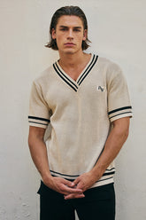 MAKKA V-NECK SHORT SLEEVE KNIT TOP - SAND