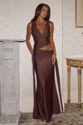 MAZINI DEEP PLUNGE MAXI DRESS - BITTER CHOCOLATE