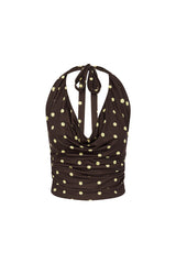 MELODY HALTER COWL TOP - CHOC/LEMON POLKA
