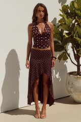 MELODY HALTER COWL TOP - CHOC/LEMON POLKA