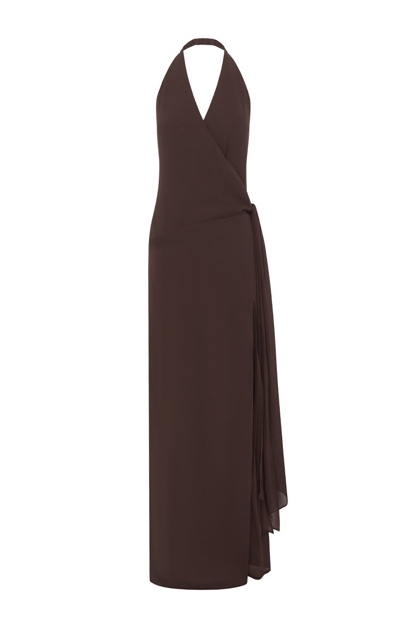 ARLOWE FAUX WRAP MAXI DRESS - CHOCOLATE
