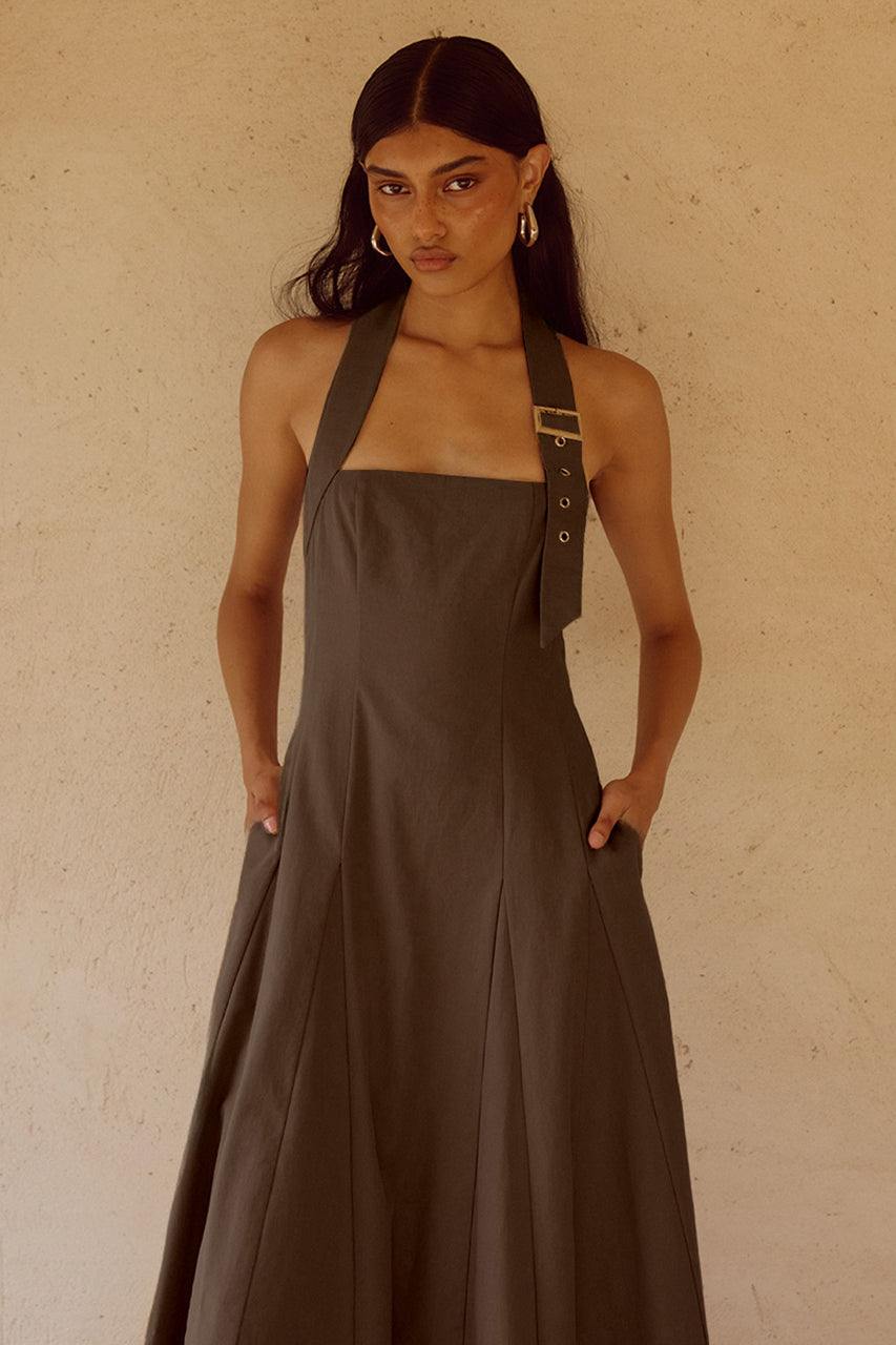 ASTRID HALTER MIDI DRESS - CHOCOLATE