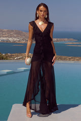 BLYTHE V-NECK FRILL MAXI DRESS - BLACK