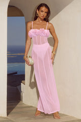 DEMI SHEER FLOWER TRIM MAXI DRESS - MUSK