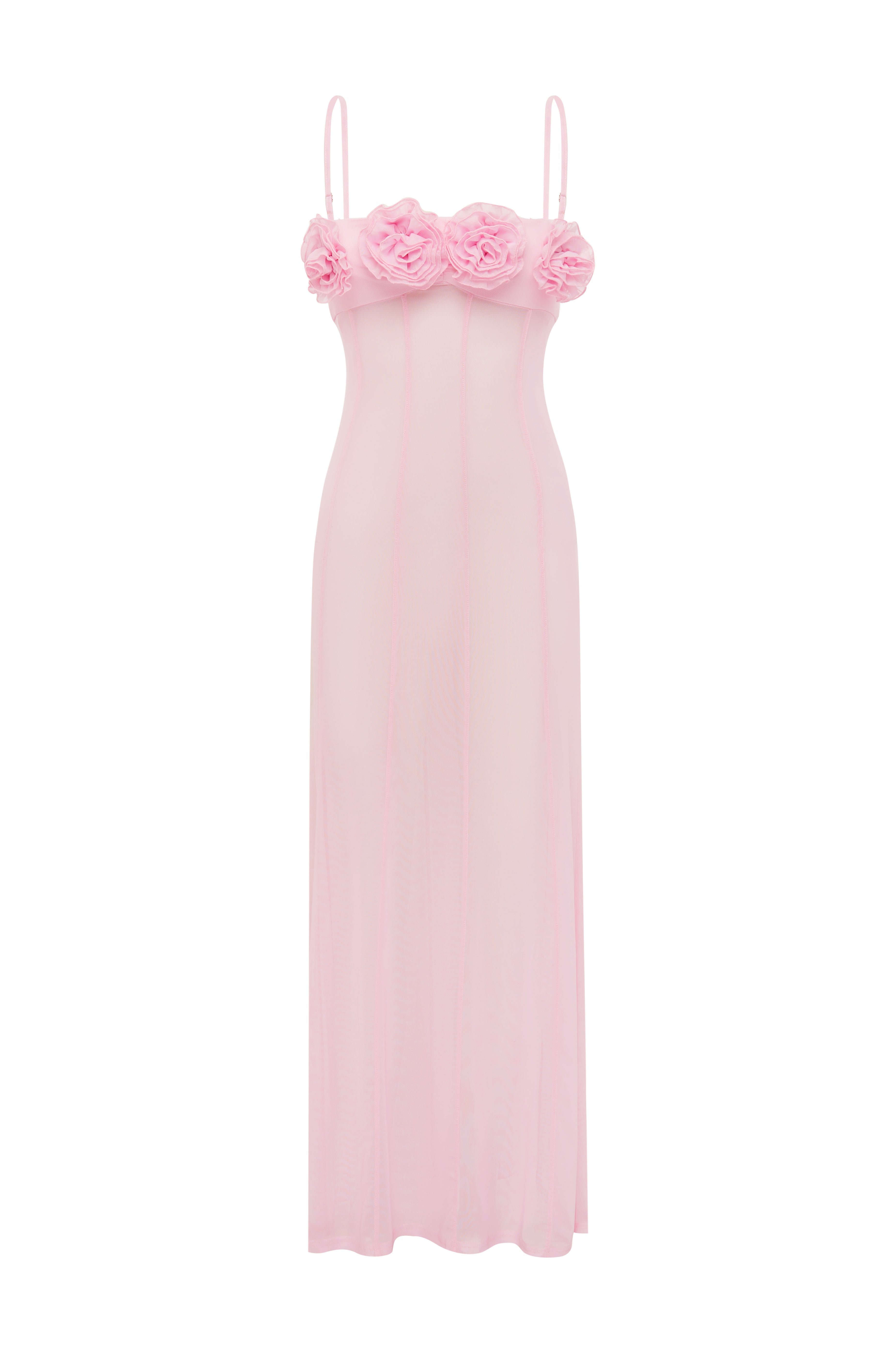 DEMI SHEER FLOWER TRIM MAXI DRESS - MUSK