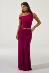 DREW ASYMMETRICAL NECK MAXI DRESS - BERRY