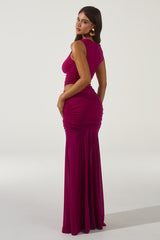 DREW ASYMMETRICAL NECK MAXI DRESS - BERRY