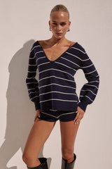 ELEONORA SLEEVED KNIT TOP - NAVY STRIPE