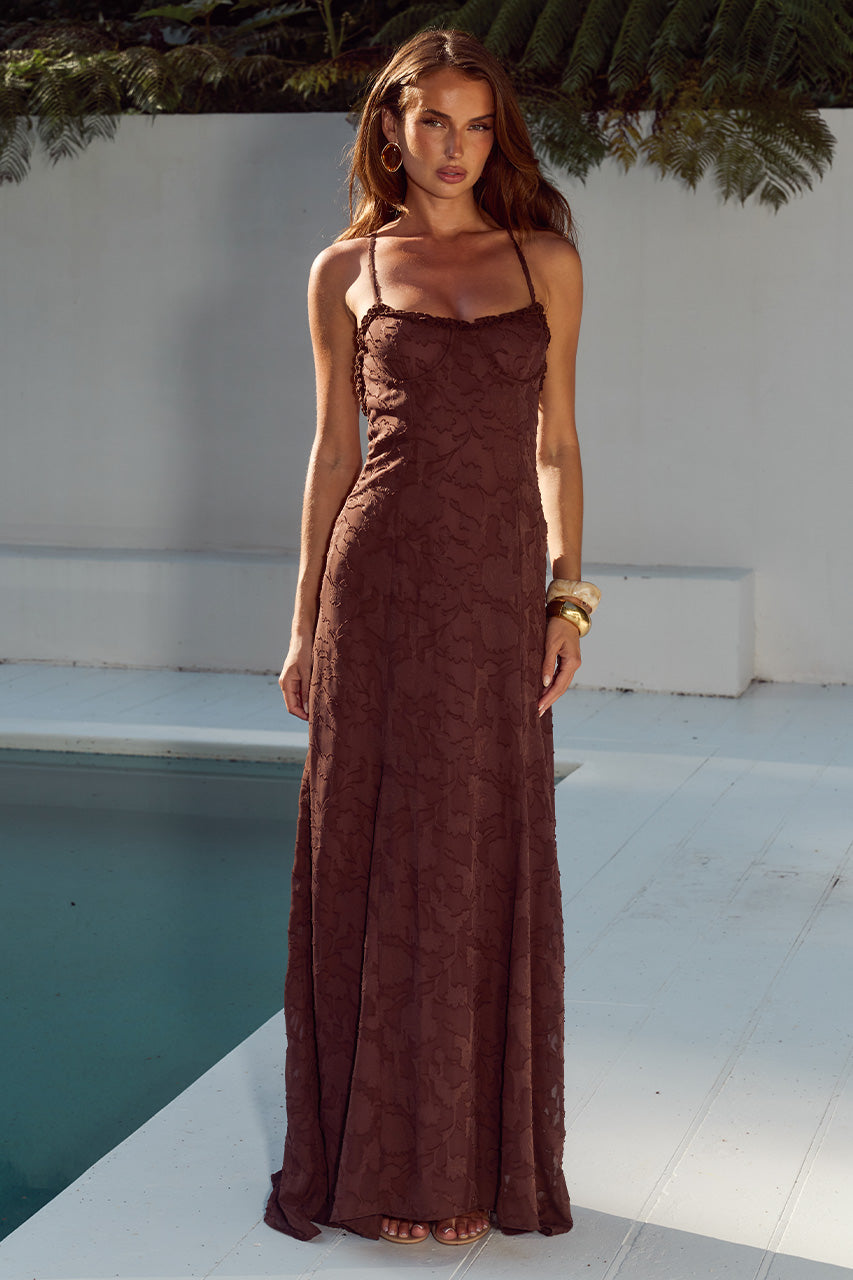 ELLERBY FRILL TRIM MAXI DRESS - CHOCOLATE