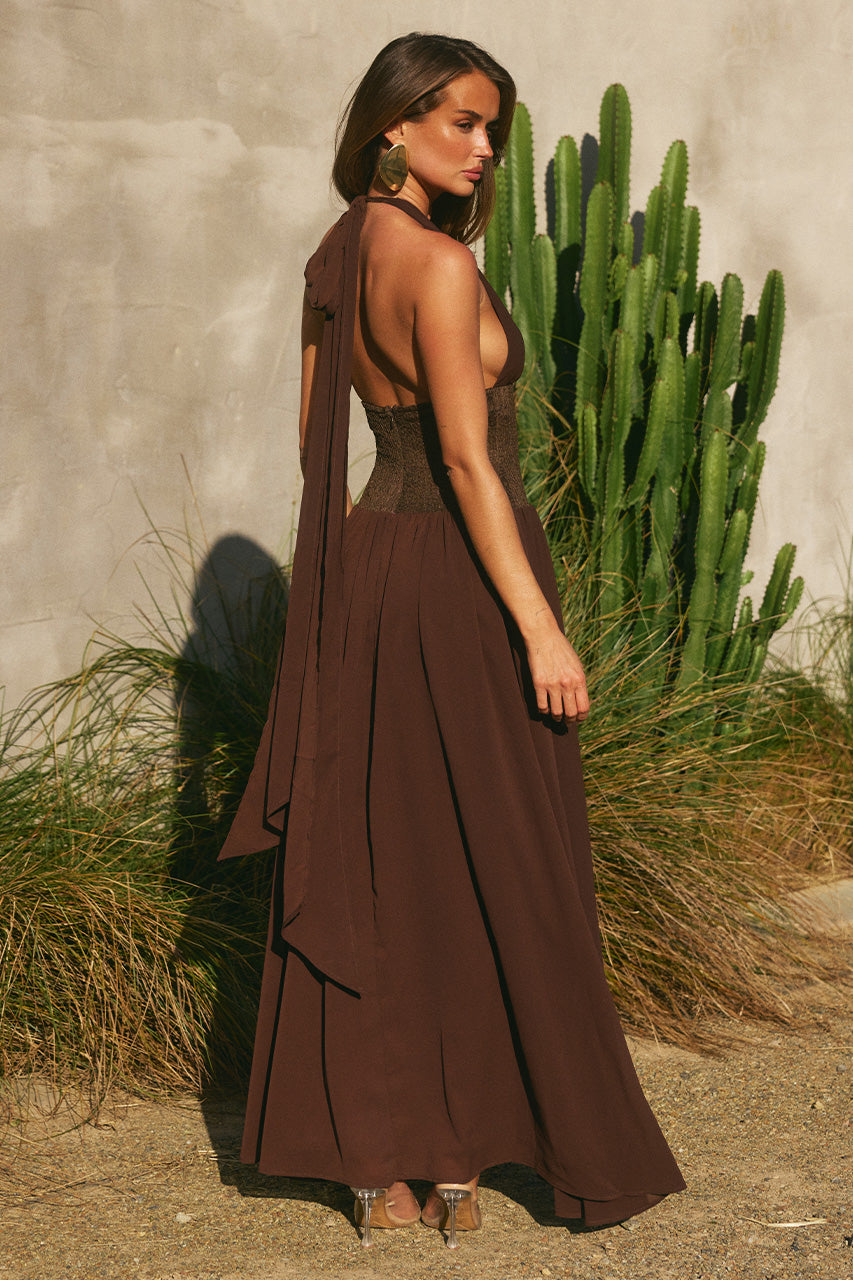FERNANDA PLUNGE HALTER MAXI DRESS - BITTER CHOCOLATE