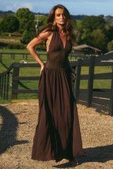 FERNANDA PLUNGE HALTER MAXI DRESS - BITTER CHOCOLATE