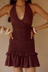 FLEUR SHIRRED HALTER MINI DRESSS - CHOCOLATE