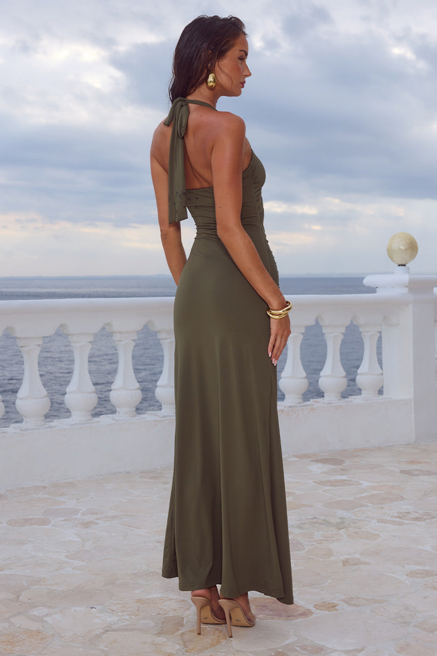 FLORA CUT OUT HALTER MAXI DRESS - OLIVE