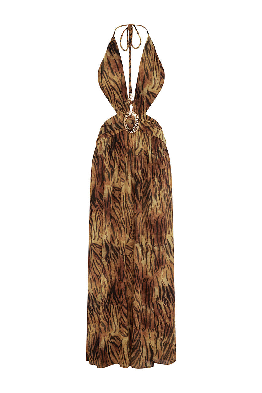 FONTANA DEEP PLUNGE MAXI DRESS - TIGRESS BROWN