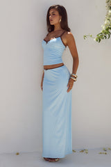 GEORGINA LOW WAIST MAXI SKIRT - SKY BLUE/CHOC POLKA