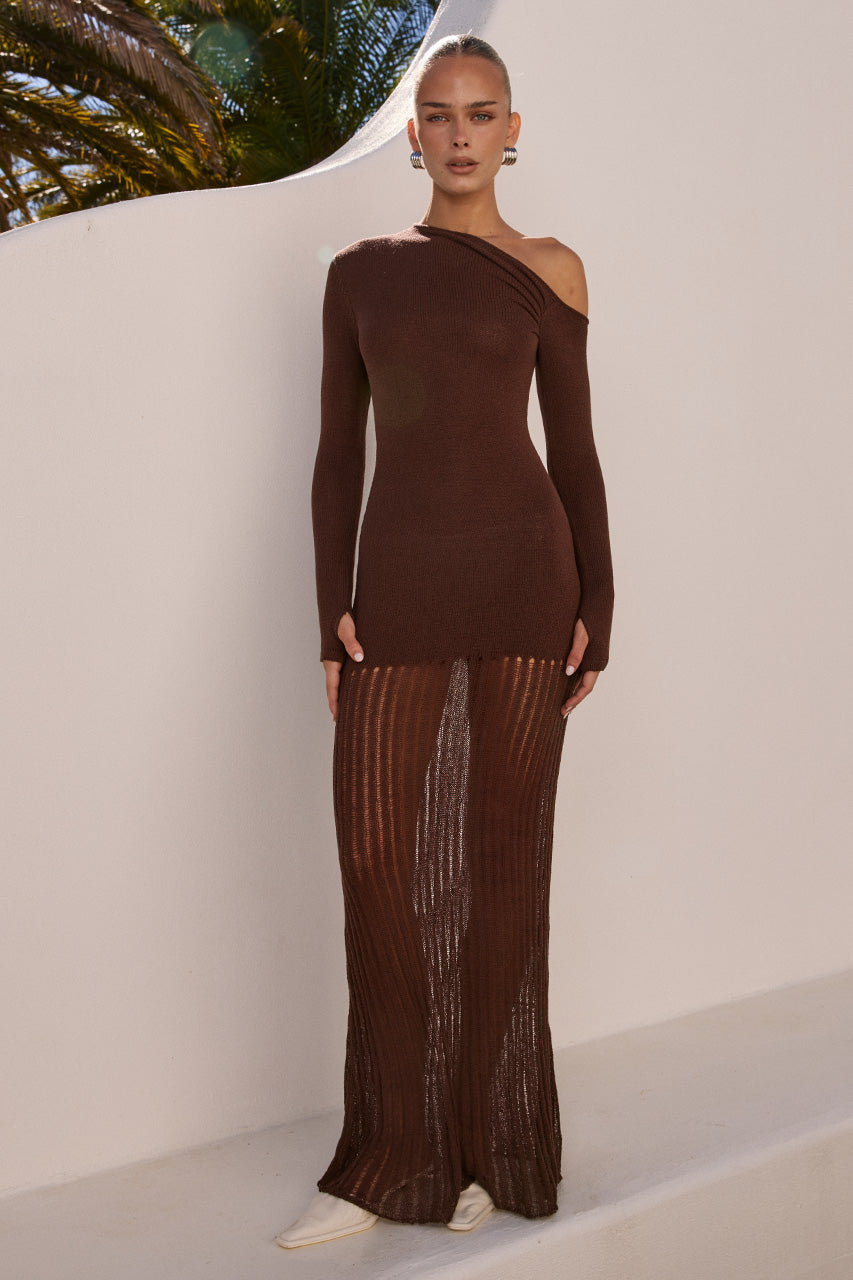 GRETA ONE SHOULDER KNIT MAXI DRESS - CHOCOLATE