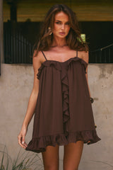 KRISTIA FLOUNCE RUFFLE MINI DRESS - BITTER CHOCOLATE