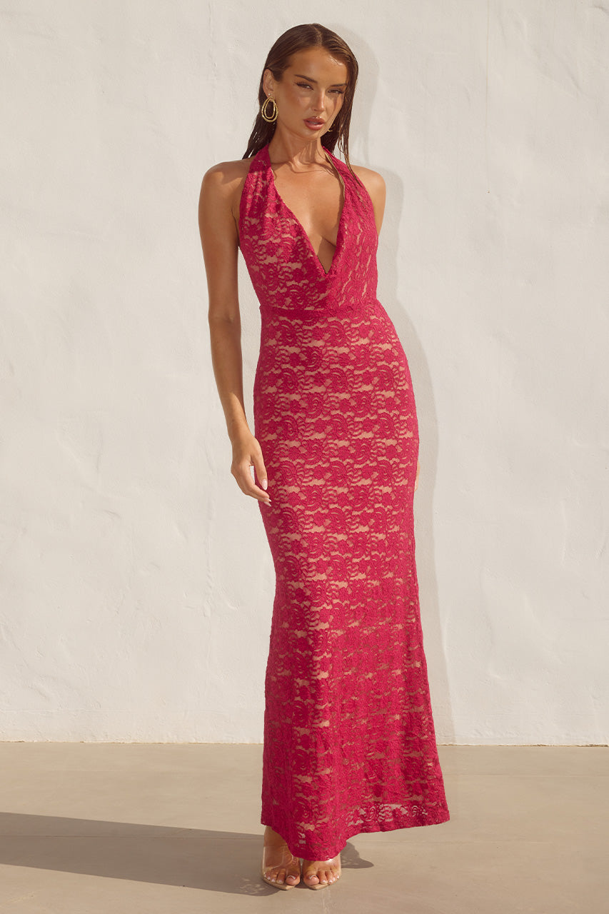 KYLO PLUNGE COWL MAXI DRESS - BERRY