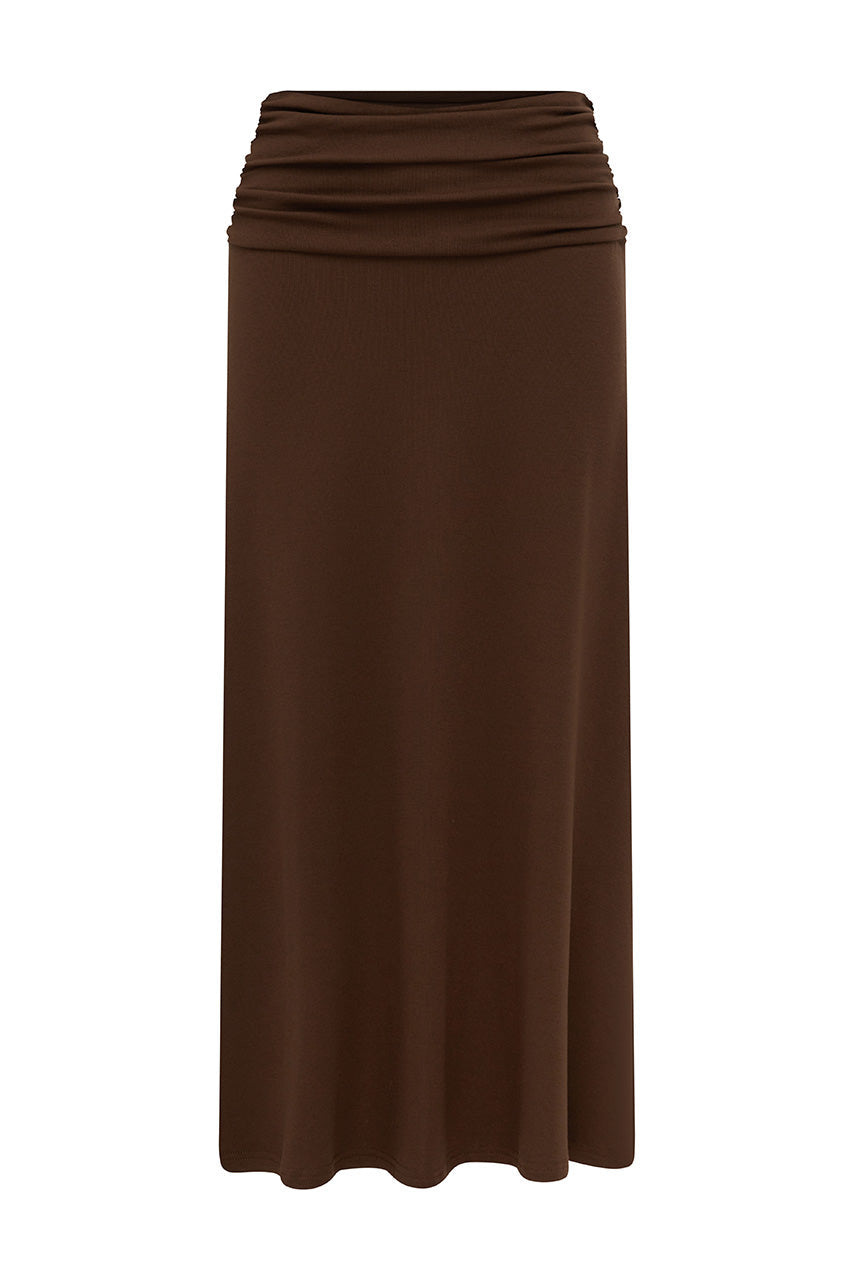 LARSEN RUCHED WAIST MIDI SKIRT - ESPRESSO