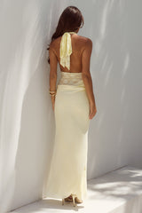 LINA HALTER DRAPED MAXI DRESS - LEMON