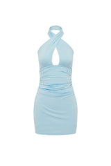LUSH CROSS OVER HALTER MINI DRESS - SKY BLUE