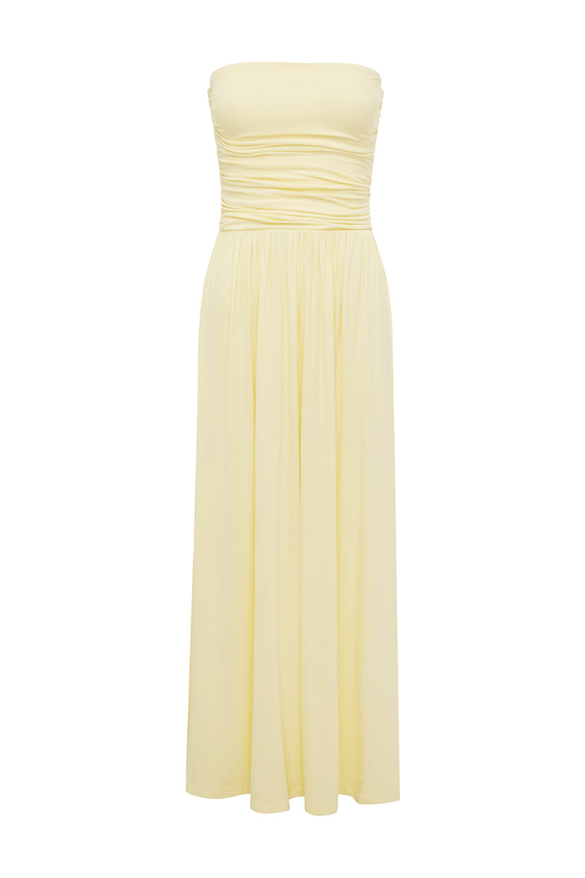 MALONE RUCHED STRAPLESS MAXI DRESS - LEMON
