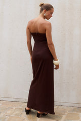 MARTA STRAPLESS MAXI DRESS - CHOCOLATE/SAND STRIPE
