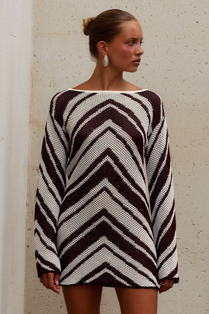 MAZIE LONG SLEEVE KNIT MINI DRESS - CHOCOLATE/BUTTER CREAM