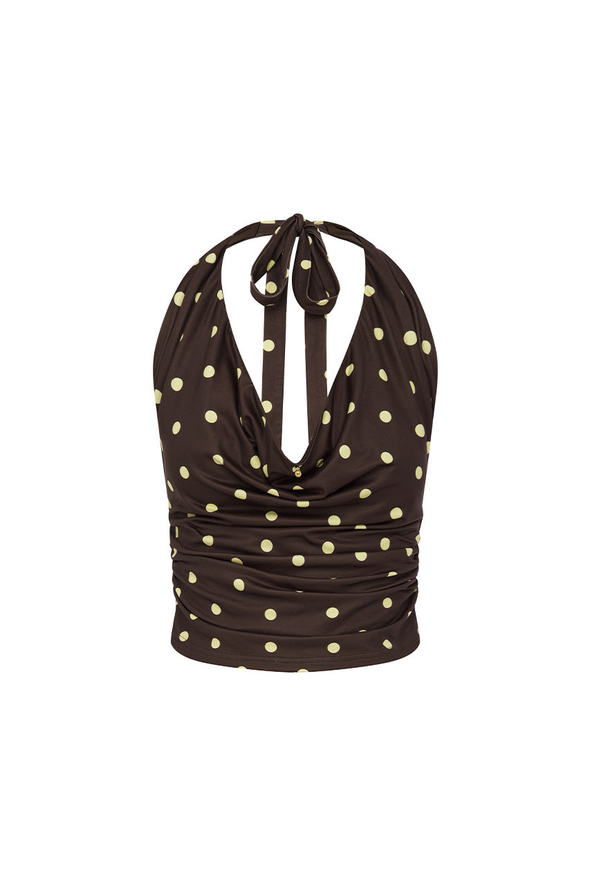 MELODY HALTER COWL TOP - CHOC/LEMON POLKA